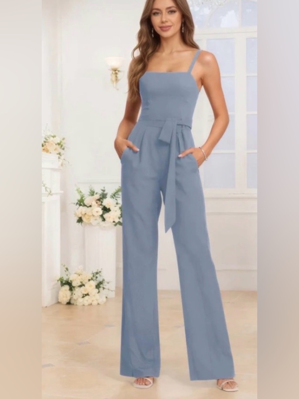 NWT POMUYOO Dusty Blue Chiffon Jumpsuit (With Pockets)